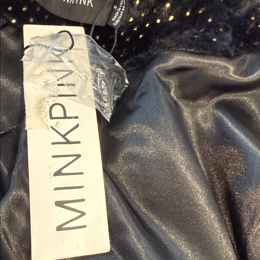 MINKPINK faux fur black jacket with gold dot pattern open front chunky warm SM - Picture 8 of 14